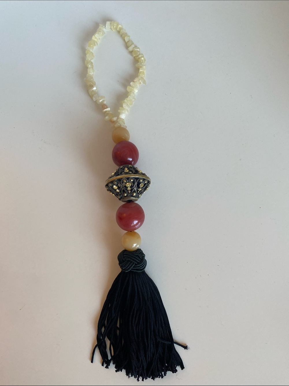 Quartz Beaded Hanging Black Tassel with Red and Cream Beads